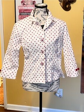 dressbarn White Blouse with Red Polka Dots - Collared Three-Button Top